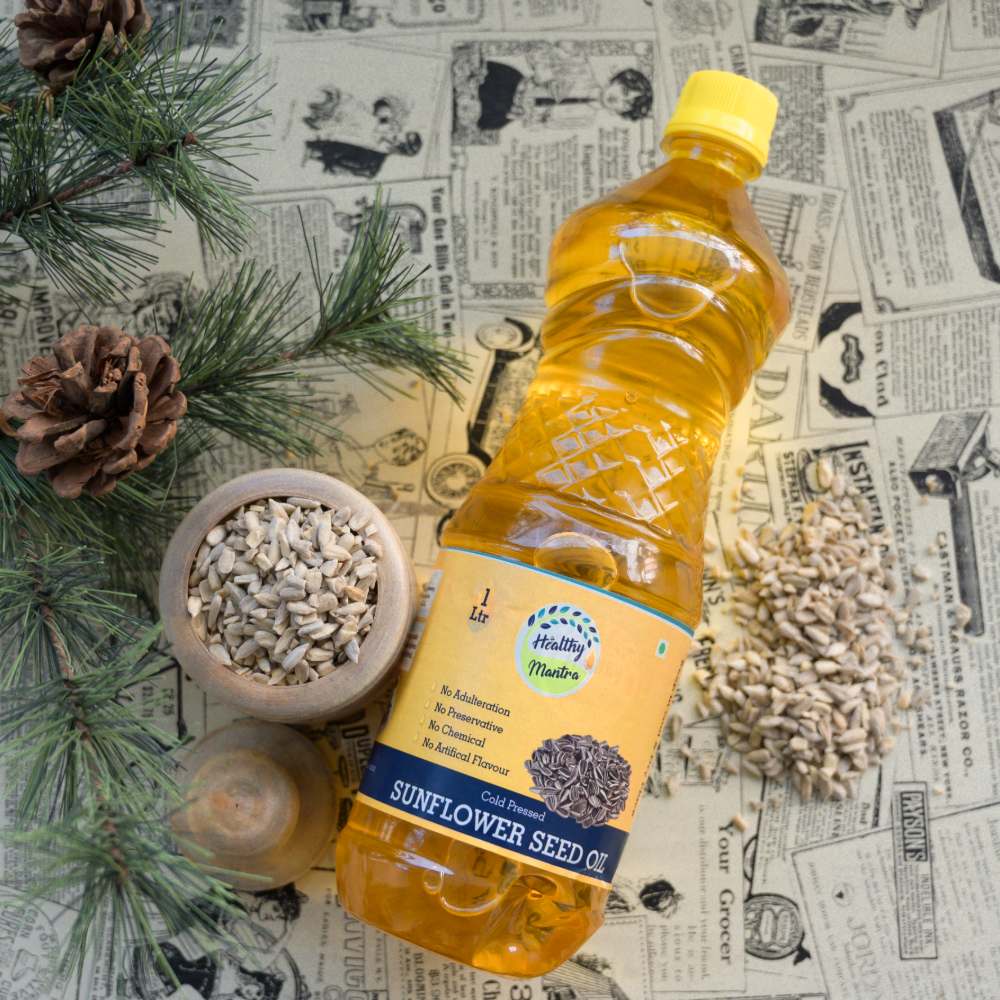 Sunflower seed oil bottle with seeds